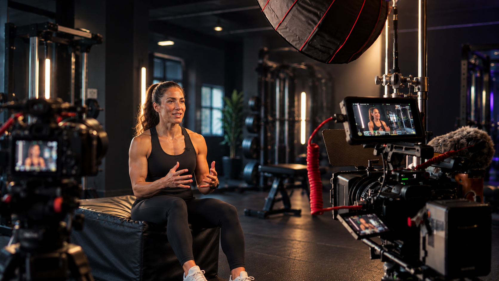 Cinematic gym interview setup with camera rig and softbox lighting